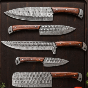 Custom Hand-Forged Damascus Chef Knife Set | Professional Kitchen Knives with Hardwood Handles & Leather Roll Bag
