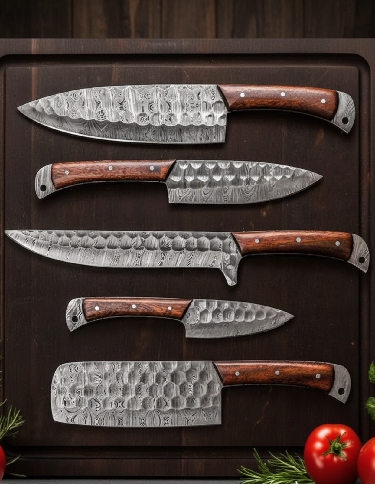 Custom Hand-Forged Damascus Chef Knife Set | Professional Kitchen Knives with Hardwood Handles & Leather Roll Bag