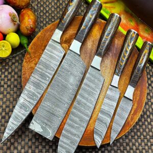 Hand-Forged Damascus Chef Knife Set 5-Piece | Pro Kitchen Knives with Hardwood Handles & Leather Roll Bag