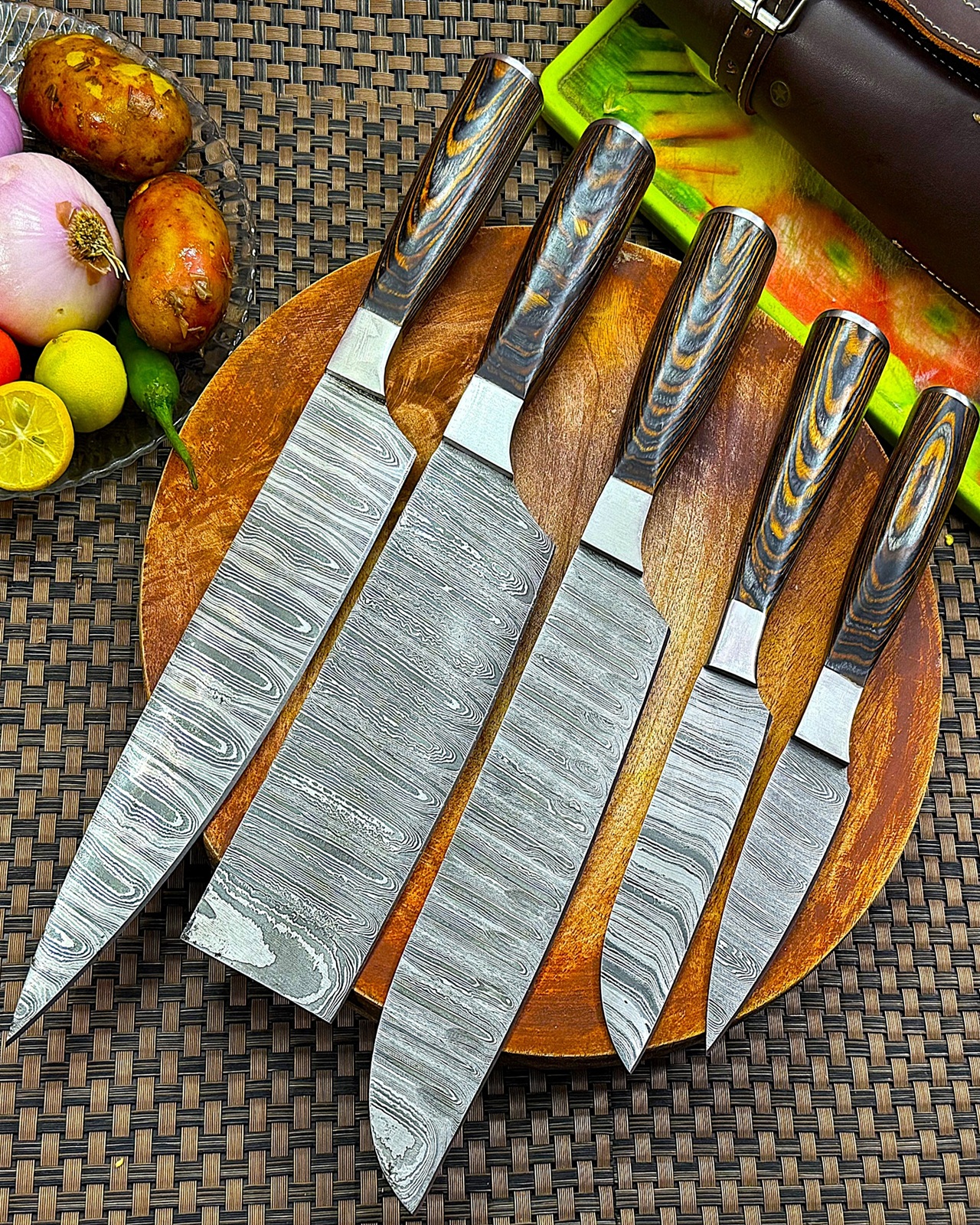 Hand-Forged Damascus Chef Knife Set 5-Piece | Pro Kitchen Knives with Hardwood Handles & Leather Roll Bag