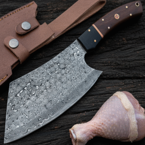 Handmade Damascus Steel Cleaver Knife | Custom Butcher Knife with Sheath | Micarta & Wood Handle Kitchen Knife