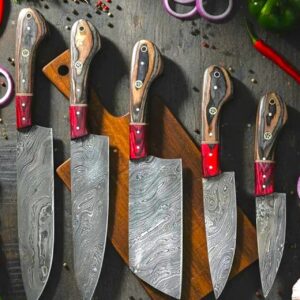 Hand forged Damascus Steel Chef Knife Set Hard Wood Handles W/Leather Roll Bag